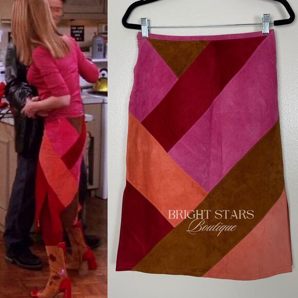 Rare Colorblock Suede Skirt ASO Phoebe Buffay Friends Pink Red Brown Patchwork - Picture 2 of 11